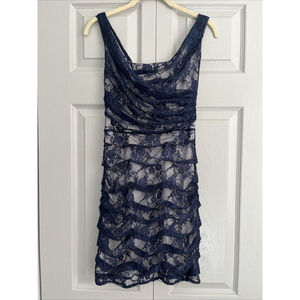 Express Dress‎ Women’s Navy Blue Lace Ruffle Midi Cocktail Sleeveless Size 0